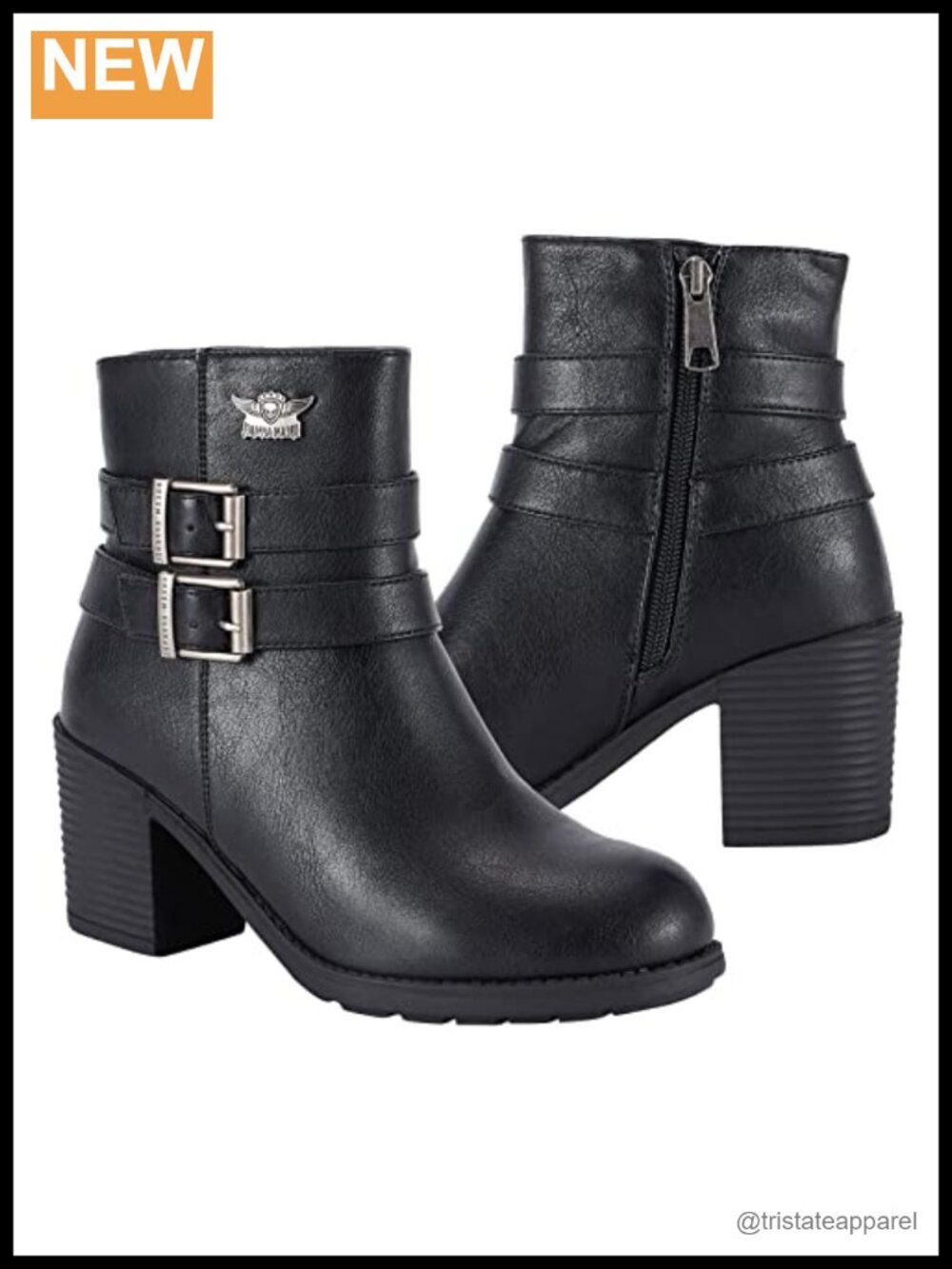 Faux Leather Chunky Heel Ankle Boots with Side Zipper Double Buckle Strap Round